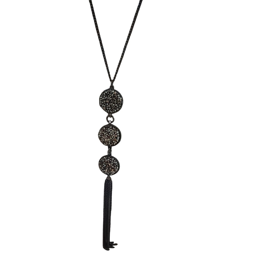 Gunmetal Triple Disc Hematite Rhinestone Tassel Long  Necklace Boho Layering